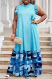 Blue Casual Daily Print Patchwork Half A Turtleneck Long Dresses