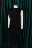 Blue Elegant Solid Color Patchwork Strap Design O Neck Long Dresses