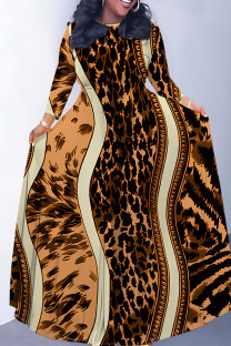 Brown Casual Striped Print Leopard Pocket With Belt O Neck Printed Dresses