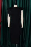 Blue Elegant Solid Color Patchwork Strap Design O Neck Long Dresses