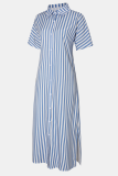 Blue Casual Stripe Buckle Patchwork Shirt Collar Shirt Dresses