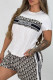 Black Brown Casual Jacquard Letters Embroidered Contrast O Neck Short Sleeve Two Pieces