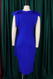 Blue Elegant Solid Color Patchwork Strap Design O Neck Long Dresses