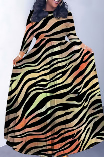 Tangerine Red Casual Striped Print Leopard Pocket With Belt O Neck Printed Dresses