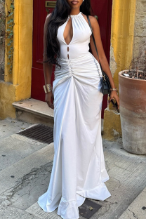 White Sexy Solid Color Hollow Out Patchwork Ruched O Neck Long Dresses