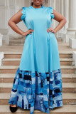 Blue Casual Daily Print Patchwork Half A Turtleneck Long Dresses