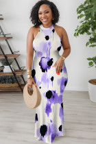 White Purple Sexy Floral Print Contrast O Neck Printed Dresses