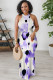 White Purple Sexy Floral Print Contrast O Neck Printed Dresses