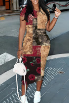 Red Casual Floral Print Butterfly Contrast O Neck Printed Short Sleeve Dress