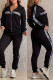 Black Street Jacquard Letters Draw String Pocket Hooded Long Sleeve Two Pieces