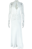 White Sexy Solid Color Hollow Out Patchwork Ruched O Neck Long Dresses