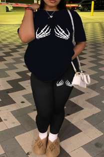 Black Casual Skull Finger O Neck Plus Size Two Pieces
