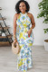 Baby Blue Sexy Floral Print Contrast O Neck Printed Dresses