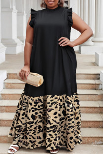 Black Casual Daily Print Patchwork Half A Turtleneck Long Dresses