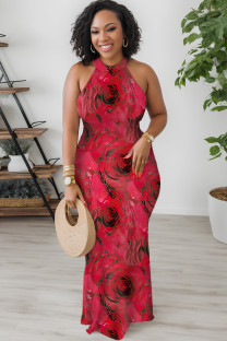 Red Sexy Floral Print Contrast O Neck Printed Dresses