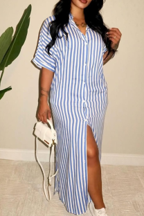 Blue Casual Stripe Buckle Patchwork Shirt Collar Shirt Dresses