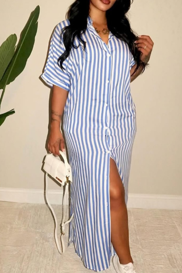 Blue Casual Stripe Buckle Patchwork Shirt Collar Shirt Dresses