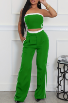Green Casual Pocket Patchwork Contrast Strapless Sleeveless Two Pieces