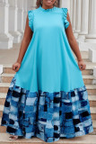 Blue Casual Daily Print Patchwork Half A Turtleneck Long Dresses