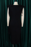 Blue Elegant Solid Color Patchwork Strap Design O Neck Long Dresses