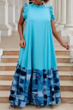 Blue Casual Daily Print Patchwork Half A Turtleneck Long Dresses