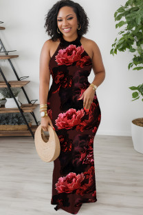 Burgundy Sexy Floral Print Contrast O Neck Printed Dresses