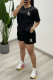 Black Casual Jacquard Letters Embroidered Pocket O Neck Short Sleeve Two Pieces