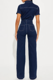 Blue Casual Solid Color Pocket Buttons Patchwork Turndown Collar Short Sleeve Regular Denim Jumpsuits
