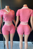 Pink Casual Digital Patchwork V Neck Short Sleeve Two Pieces