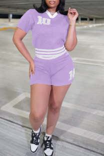Purple Casual Digital Patchwork V Neck Short Sleeve Two Pieces