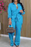 Blue Casual Solid Color Draw String Buckle Patchwork Shirt Collar Long Sleeve Two Pieces