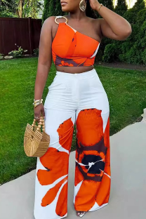 Orange Casual Print Patchwork Asymmetrical Collar Sleeveless Two Pieces