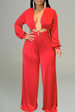 Red Casual Solid Color Hollow Out Patchwork Deep V Neck Loose Jumpsuits