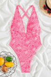 Pink Sexy Print Patchwork Ruched Swimwears
