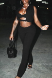 Black Sexy Solid Color Hollow Out Patchwork Asymmetrical Collar Sleeveless Two Pieces