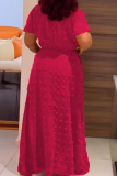 Rose Red Elegant Solid Color Patchwork Strap Design O Neck Long Plus Size Dresses