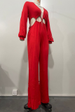 Red Casual Solid Color Hollow Out Patchwork Deep V Neck Loose Jumpsuits
