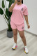 Pink Casual Jacquard Letters Embroidered Pocket O Neck Short Sleeve Two Pieces