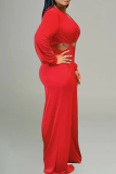 Red Casual Solid Color Hollow Out Patchwork Deep V Neck Loose Jumpsuits