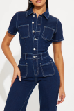 Blue Casual Solid Color Pocket Buttons Patchwork Turndown Collar Short Sleeve Regular Denim Jumpsuits