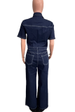 Blue Casual Solid Color Pocket Buttons Patchwork Turndown Collar Short Sleeve Regular Denim Jumpsuits