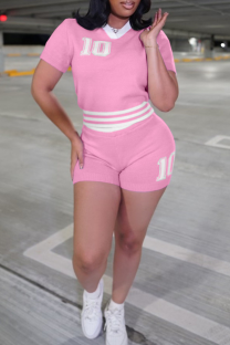 Pink Casual Digital Patchwork V Neck Short Sleeve Two Pieces