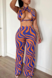 Blue Casual Print Patchwork Loose Mid Waist Full Print Bottoms