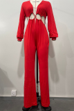 Red Casual Solid Color Hollow Out Patchwork Deep V Neck Loose Jumpsuits
