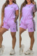 Purple Casual Letters Embroidered Draw String Pocket O Neck Short Sleeve Two Pieces