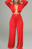 Red Casual Solid Color Hollow Out Patchwork Deep V Neck Loose Jumpsuits