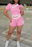 Pink Casual Digital Patchwork V Neck Short Sleeve Two Pieces