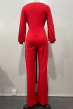 Red Casual Solid Color Hollow Out Patchwork Deep V Neck Loose Jumpsuits