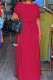 Rose Red Elegant Solid Color Patchwork Strap Design O Neck Long Plus Size Dresses