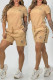 Brown Casual Letters Embroidered Draw String Pocket O Neck Short Sleeve Two Pieces